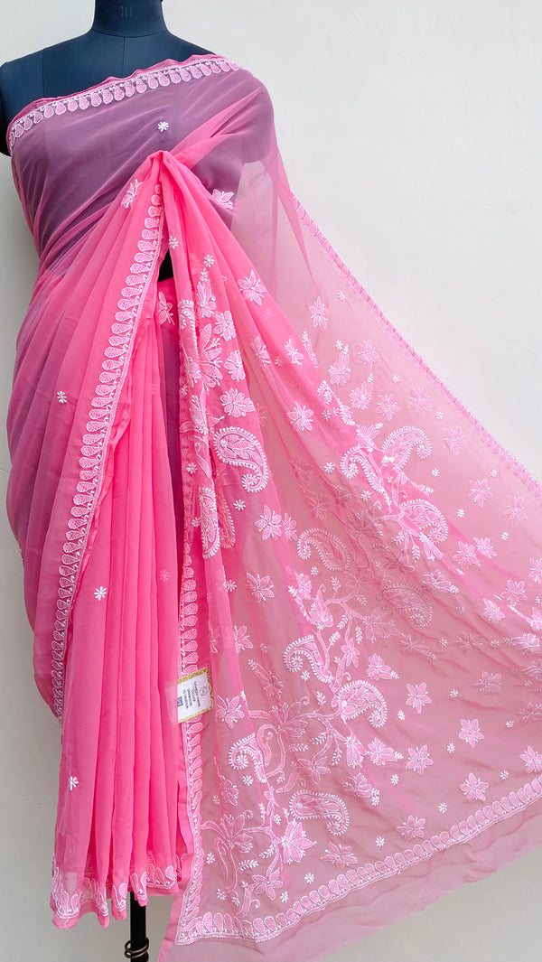 Lucknowi Chikankari Saree Pink Georgette