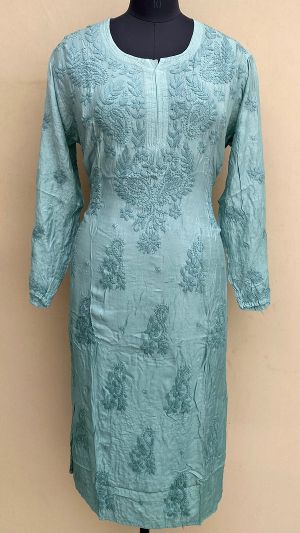 Lucknowi Chikankari Ombre Kurti Teal Green Muslin Cotton With Self 3D Work