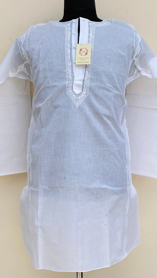 Lucknowi Chikankari Men’s Kurta White Cotton With Applique & Jaali Work