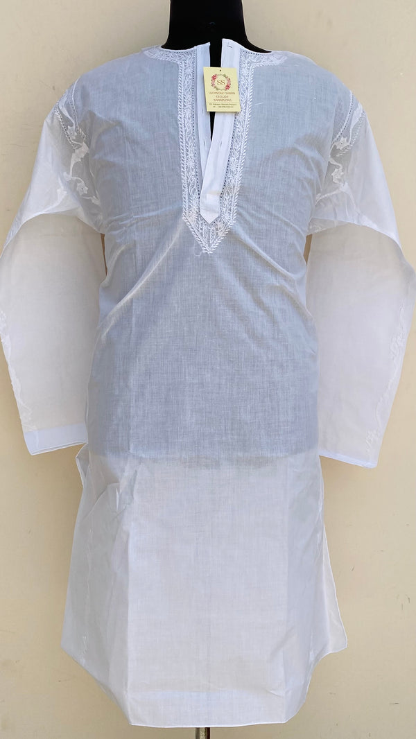 Lucknowi Chikankari Men’s Kurta White Cotton With Applique & Jaali Work