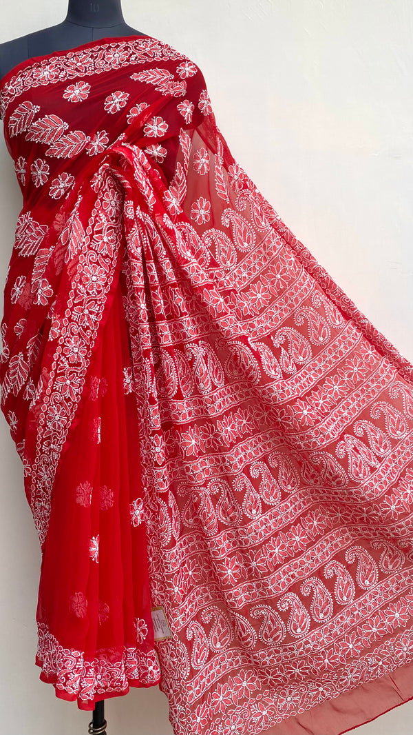 Lucknowi Chikankari Saree Red Georgette