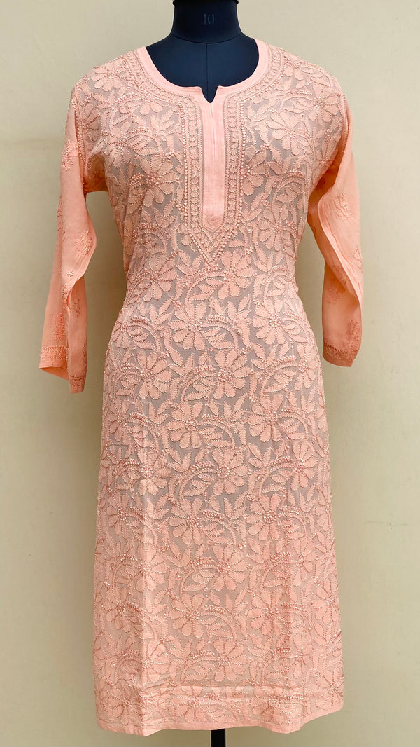 Lucknowi Chikankari Kurti Peach Pure Georgette With Resham Work