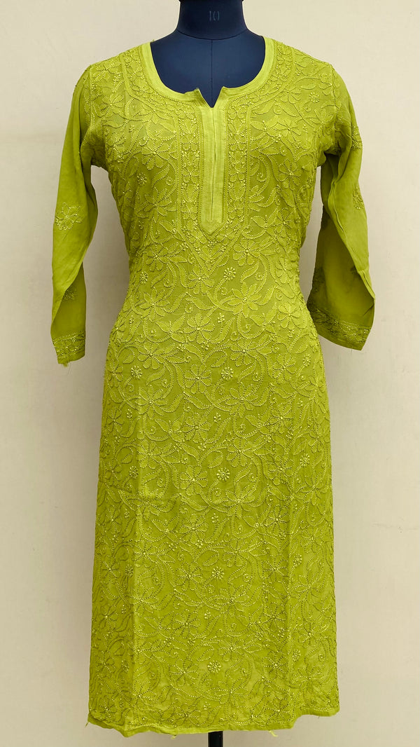 Lucknowi Chikankari Kurti Mehandi Green Pure Georgette With Resham Work