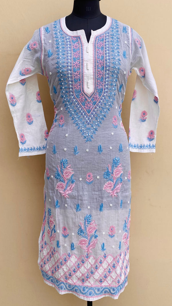 Lucknowi Chikankari Kurti White Mal Chanderi With Pearl Work