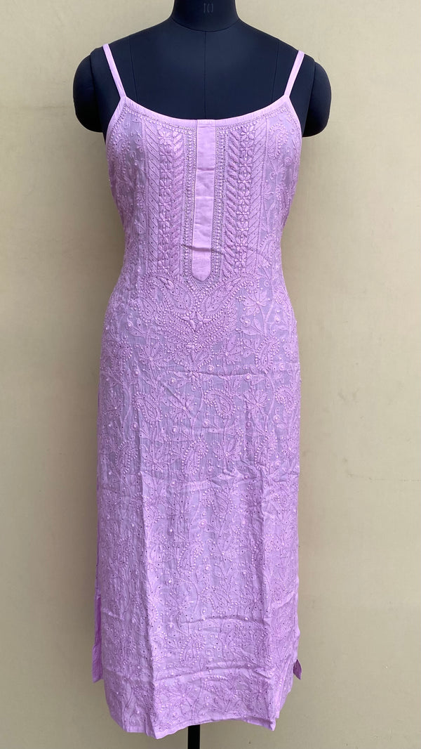 Lucknowi Chikankari Ombre Noodle Strap Kurti Purple Muslin Cotton With Mukaish Work & Self Resham Work