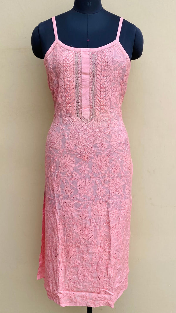 Lucknowi Chikankari Noodle Strap Kurti Peach Muslin Cotton With Mukaish Work & Self Resham Work