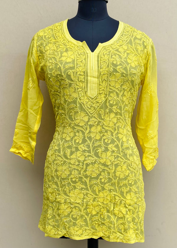 Lucknowi Chikankari Short Kurti Yellow Pure Georgette With Resham Work