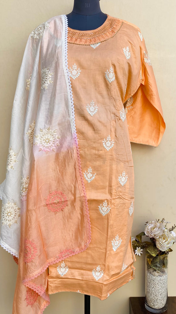 Designer Embroidered Suit Length 3 Piece Peach Muslin Cotton