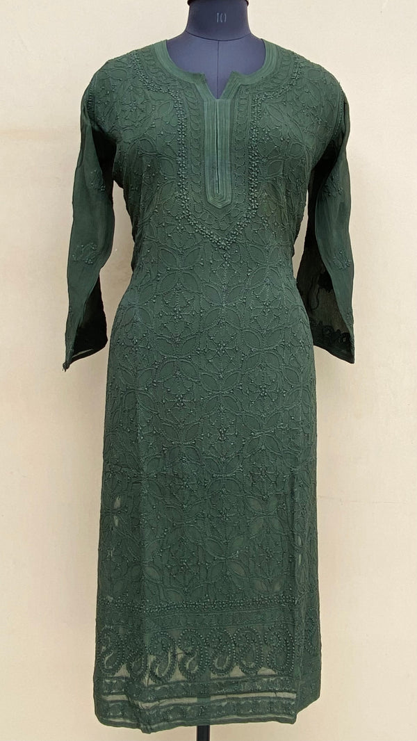 Lucknowi Chikankari Kurti Mehandi Green Pure Georgette With Resham Work