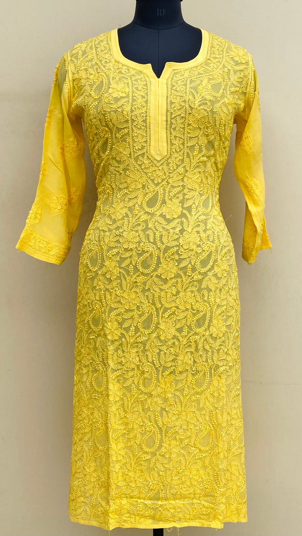 Lucknowi Chikankari Kurti Yellow Pure Georgette With Resham Work