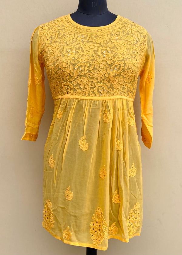 Lucknowi Chikankari Short Kurti Mustard Pure Georgette With Mukaish Work