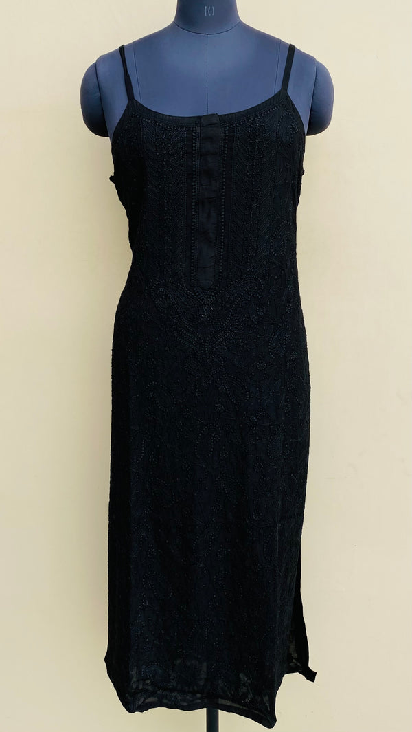 Lucknowi Chikankari Noodle Strap Kurti Black Muslin Cotton With Self Work