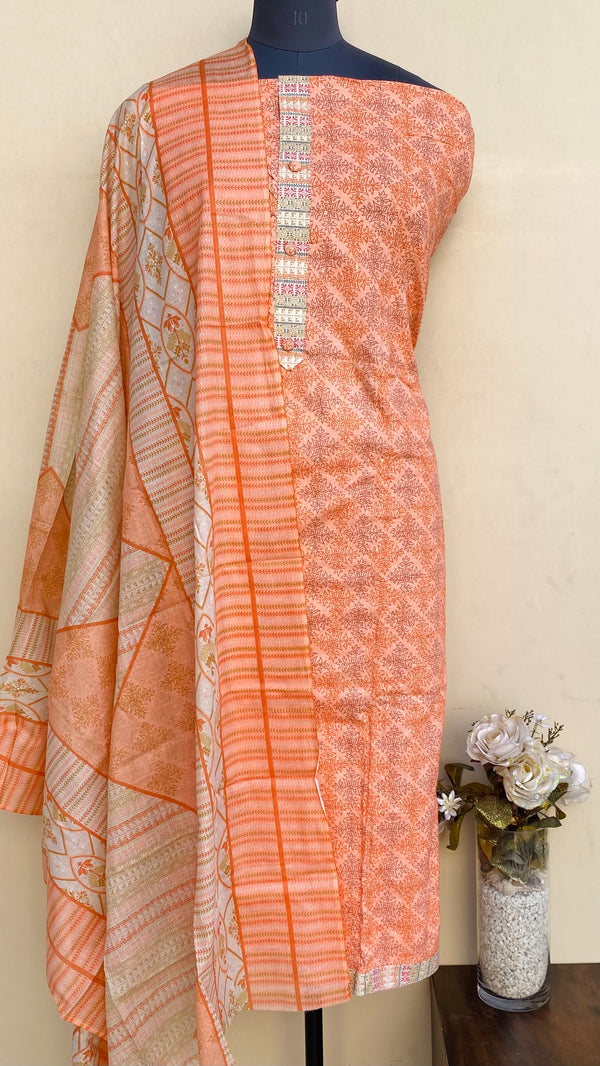 Designer Embroidered Suit Length 3 Piece Peach Mal Cotton