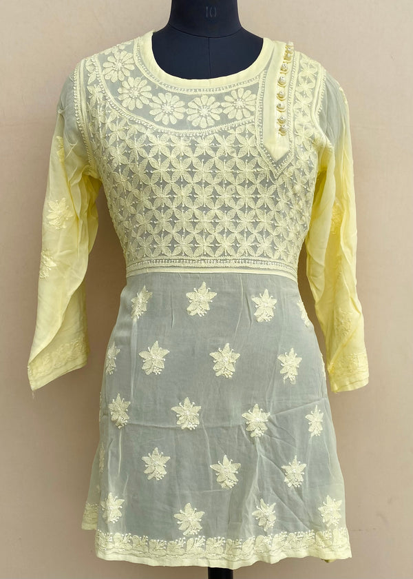 Lucknowi Chikankari Short Kurti Lemon Yellow Pure Georgette