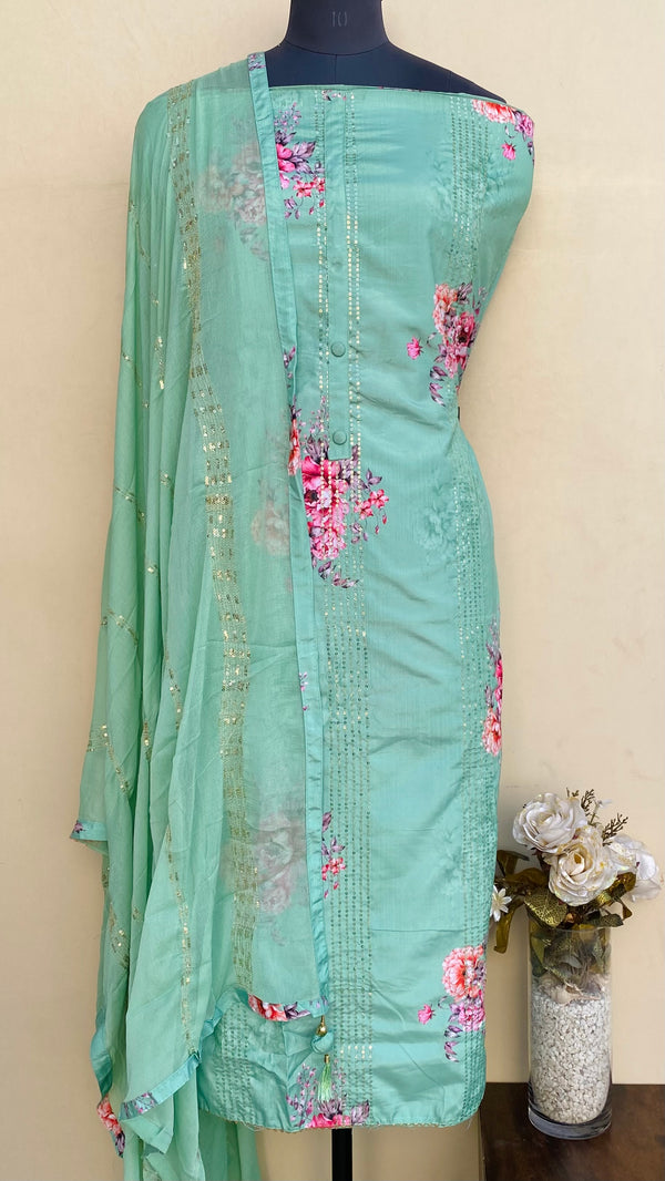 Designer Embroidered Suit Length 3 Piece Green Muslin Cotton With Sequence Work