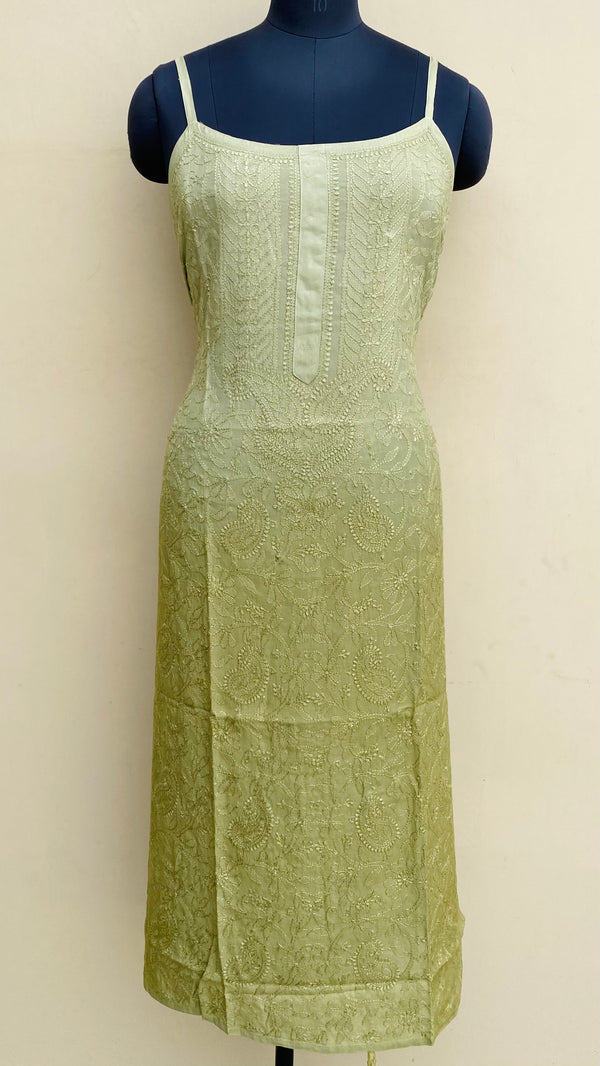 Lucknowi Chikankari Ombre Noodle Strap Kurti Green Muslin Cotton With Self Resham Work