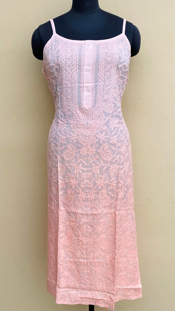 Lucknowi Chikankari Ombre Noodle Strap Kurti Peach Muslin Cotton With Self Resham Work