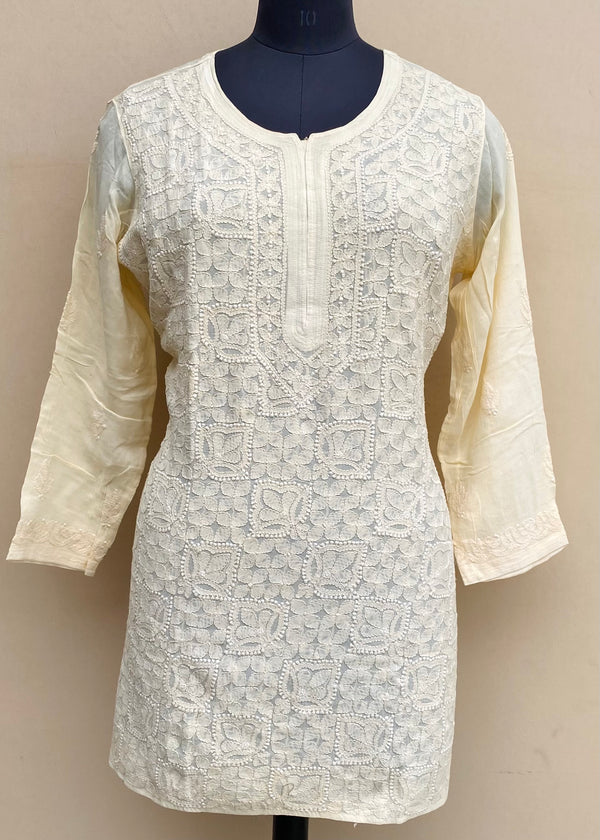 Lucknowi Chikankari Short Kurti Cream Pure Georgette