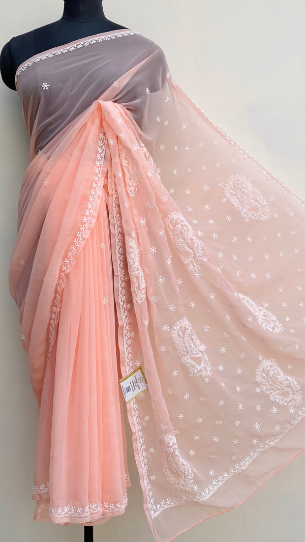 Lucknowi Chikankari Saree Peach Georgette With Jaali Work