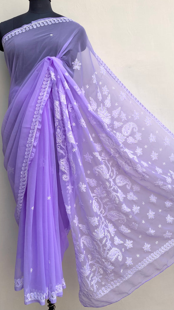 Lucknowi Chikankari Saree Purple Georgette