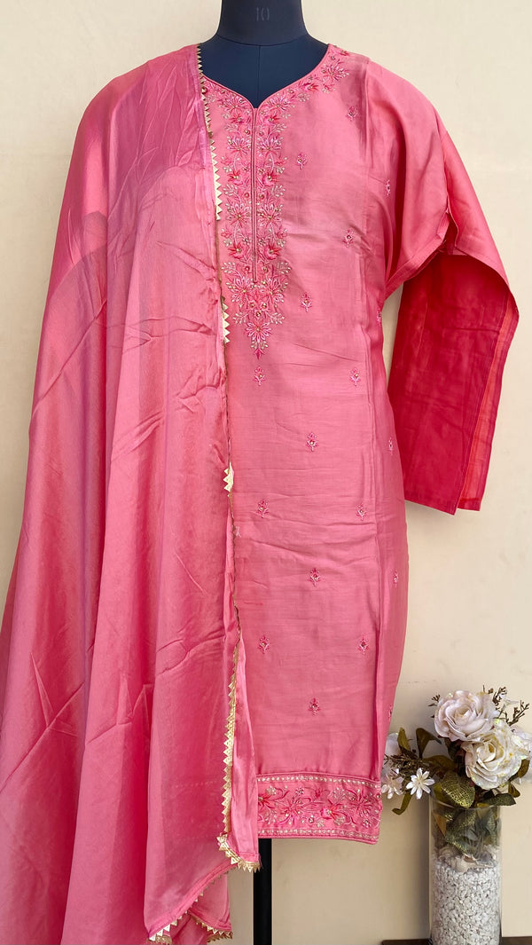 Designer Embroidered Suit Length 3 Piece Pink Muslin Cotton