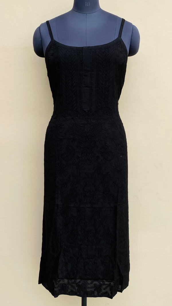 Lucknowi Chikankari Noodle Strap Kurti Black Muslin Cotton With Self Work