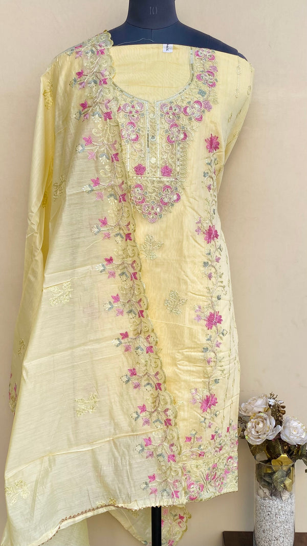 Designer Embroidered Suit Length 3 Piece Yellow Mal Chanderi