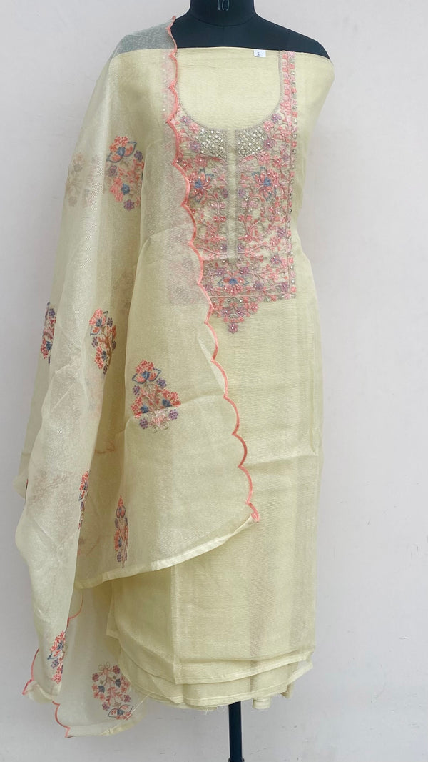 Designer Embroidered Suit Length 3 Piece Yellow Kota With Pearl & Sequence Work