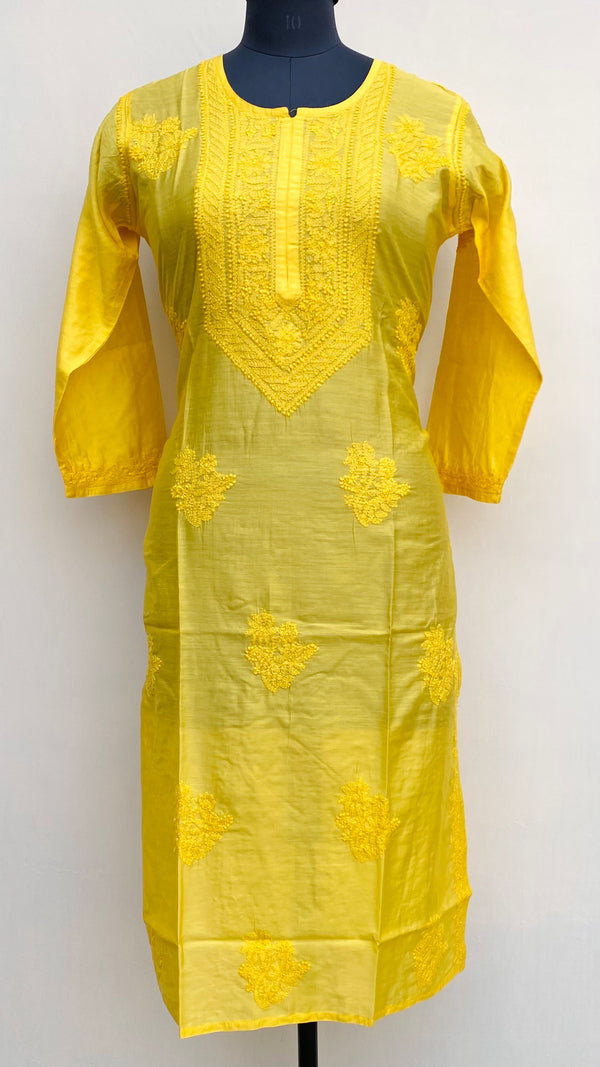 Lucknowi Chikankari Kurti Yellow Mal Chanderi