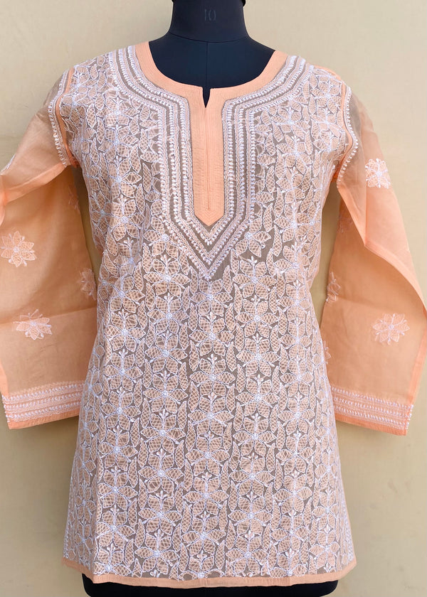 Lucknowi Chikankari Short Kurti Peach Cotton