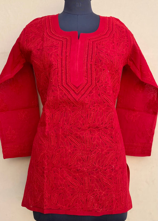 Lucknowi Chikankari Short Kurti Red Cotton