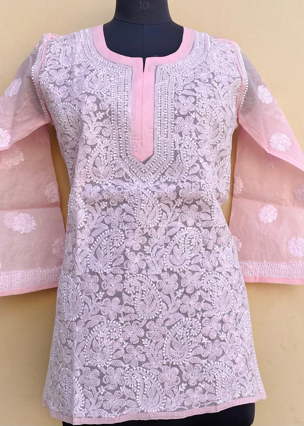 Lucknowi Chikankari Short Kurti Pink Cotton