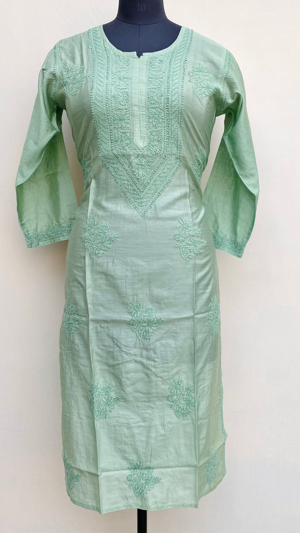 Lucknowi Chikankari Kurti Green Mal Chanderi