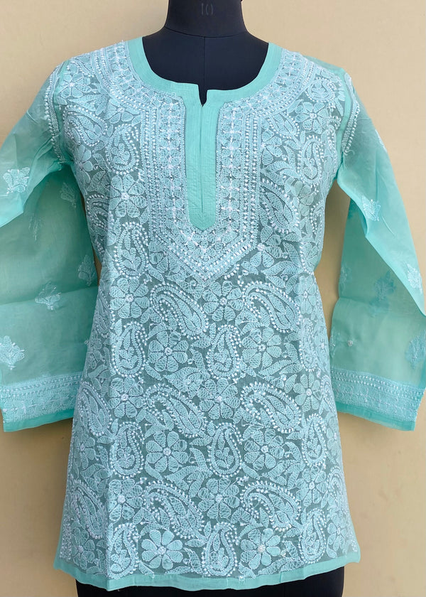 Lucknowi Chikankari Short Kurti Sea Green Cotton