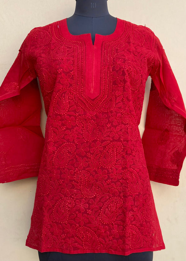 Lucknowi Chikankari Short Kurti Red Cotton