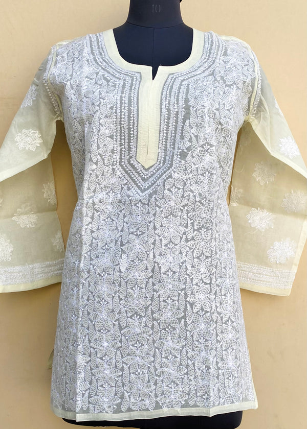 Lucknowi Chikankari Short Kurti Cream Cotton