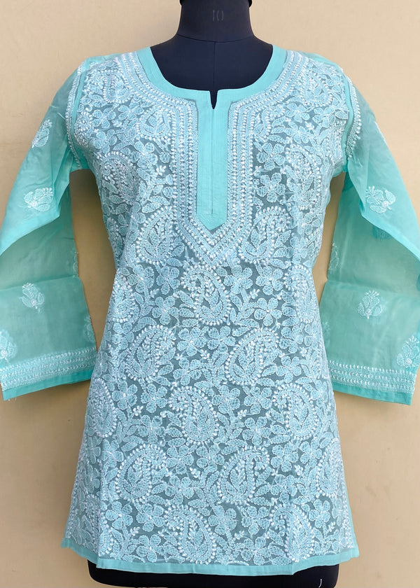 Lucknowi Chikankari Short Kurti Sea Green Cotton