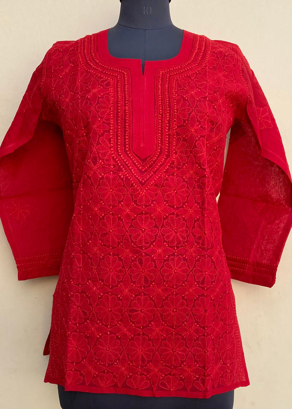 Lucknowi Chikankari Short Kurti Red Cotton