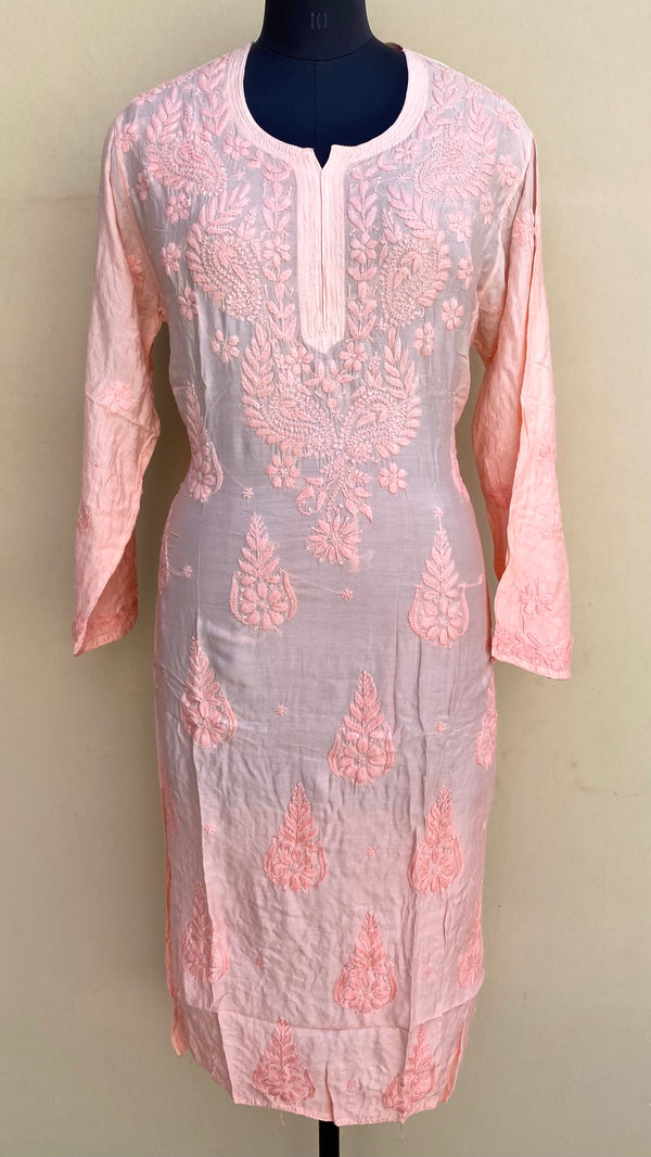 Lucknowi Chikankari Ombre Kurti Peach Muslin Cotton With Self 3D Work