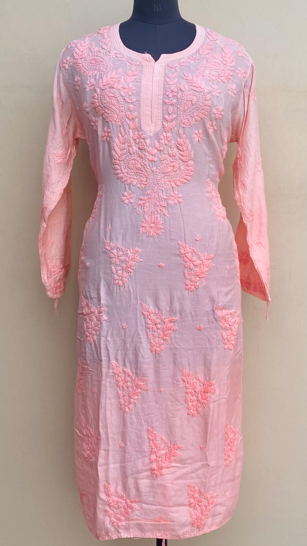 Lucknowi Chikankari Ombre Kurti Pink Muslin Cotton With Self 3D Work