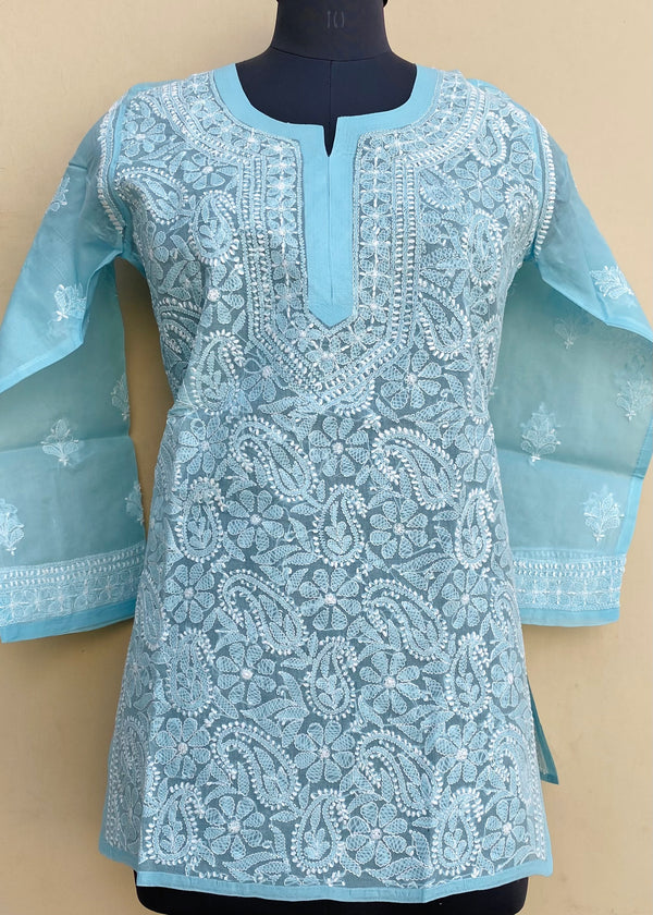 Lucknowi Chikankari Short Kurti Blue Cotton