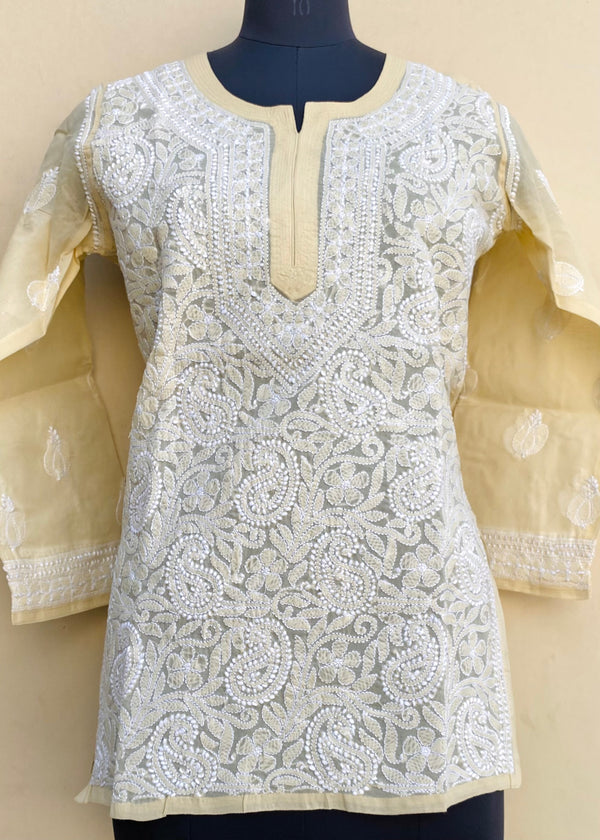 Lucknowi Chikankari Short Kurti Beige Cotton