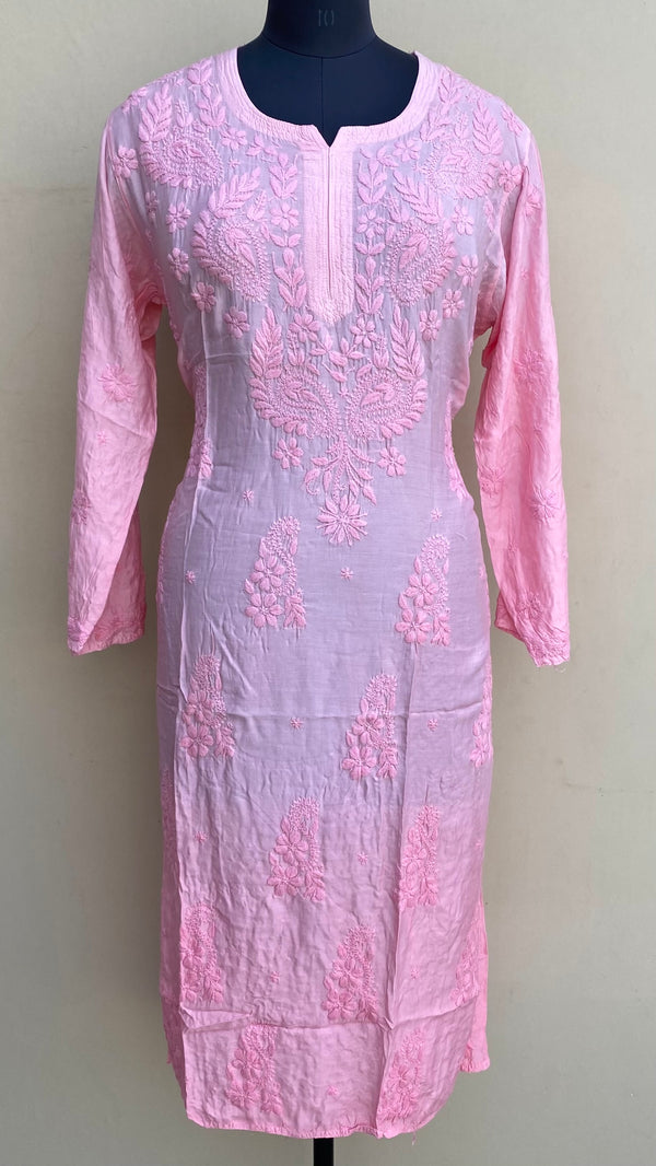 Lucknowi Chikankari Ombre Kurti Pink Muslin Cotton With Self 3D Work