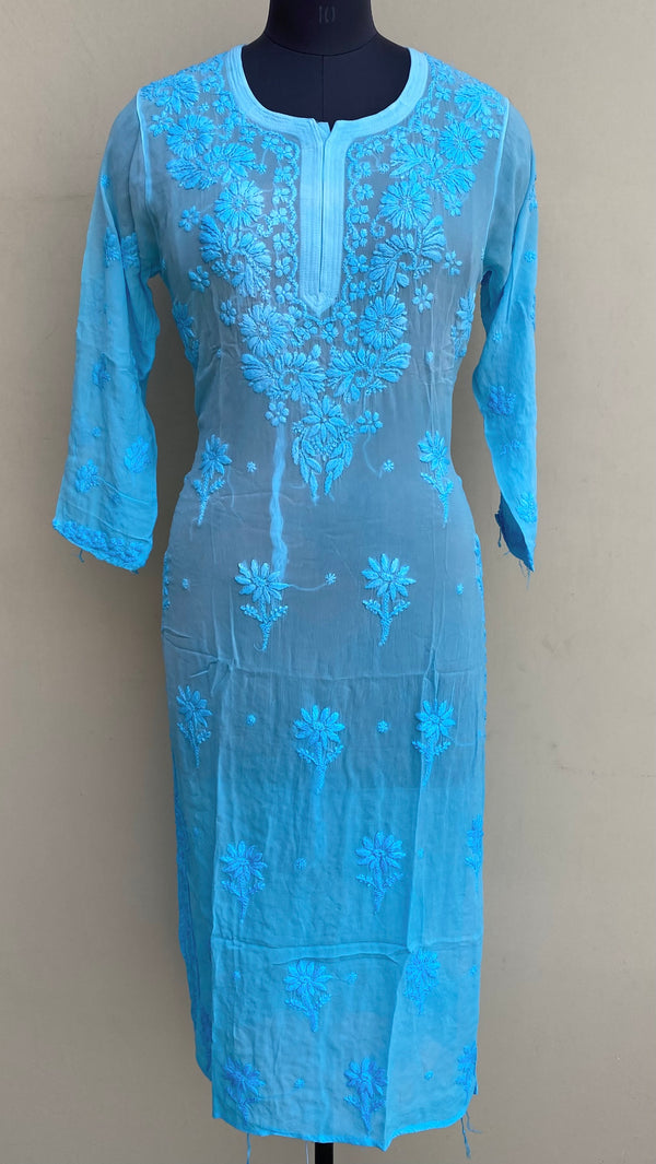 Lucknowi Chikankari Ombre Kurti Blue Pure Georgette With Self 3D Work