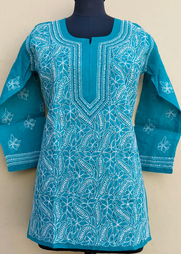 Lucknowi Chikankari Short Kurti Blue Cotton