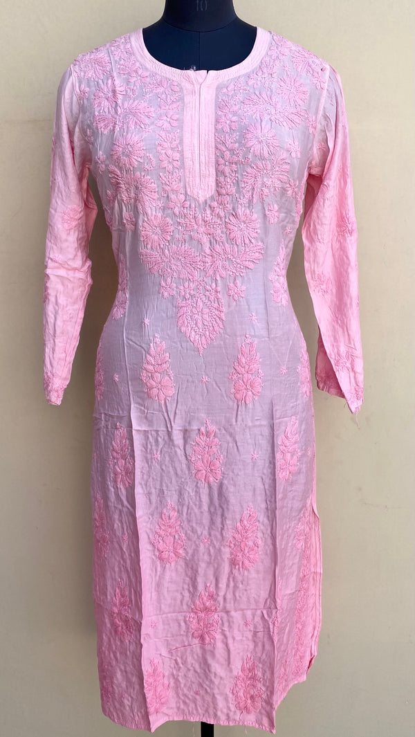 Lucknowi Chikankari Ombre Kurti Pink Muslin Cotton With Self 3D Work