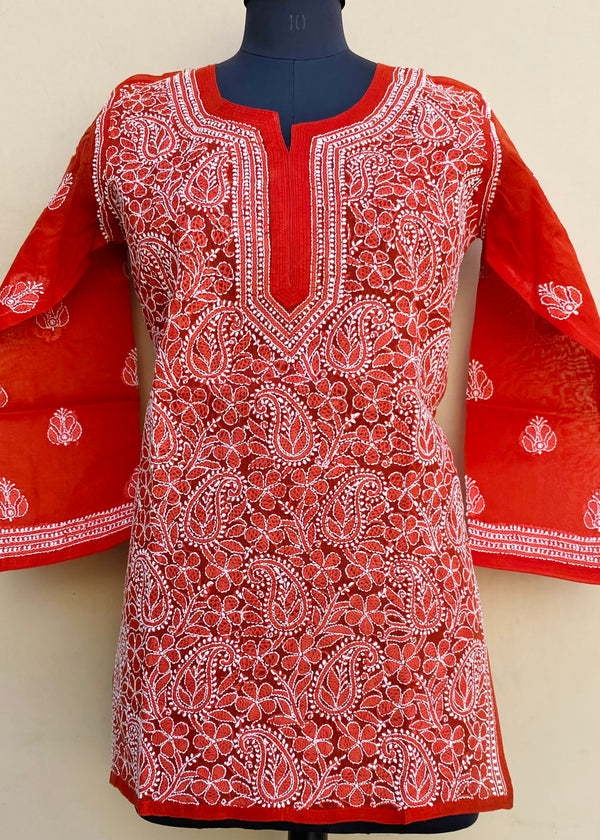 Lucknowi Chikankari Short Kurti Rust Cotton