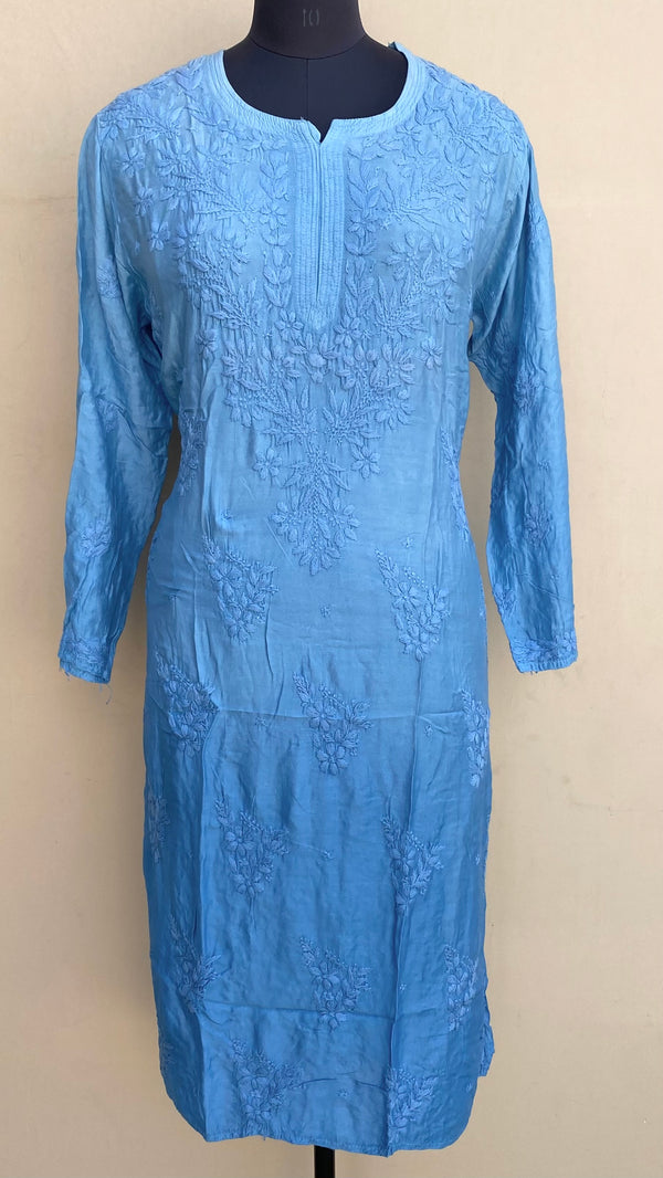 Lucknowi Chikankari Ombre Kurti Blue Muslin Cotton With Self 3D Work