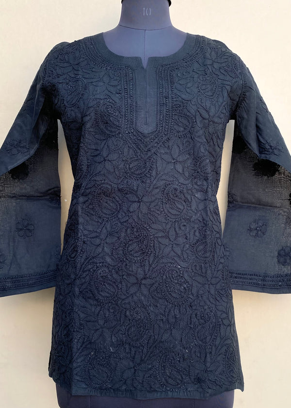 Lucknowi Chikankari Short Kurti Black Cotton