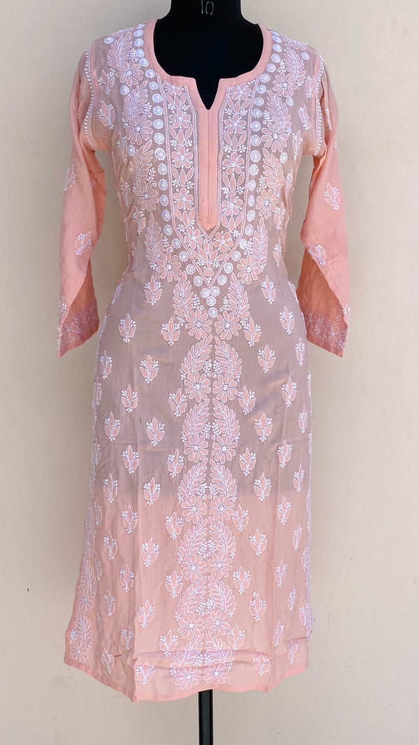 Lucknowi Chikankari Kurti Peach Muslin Cotton